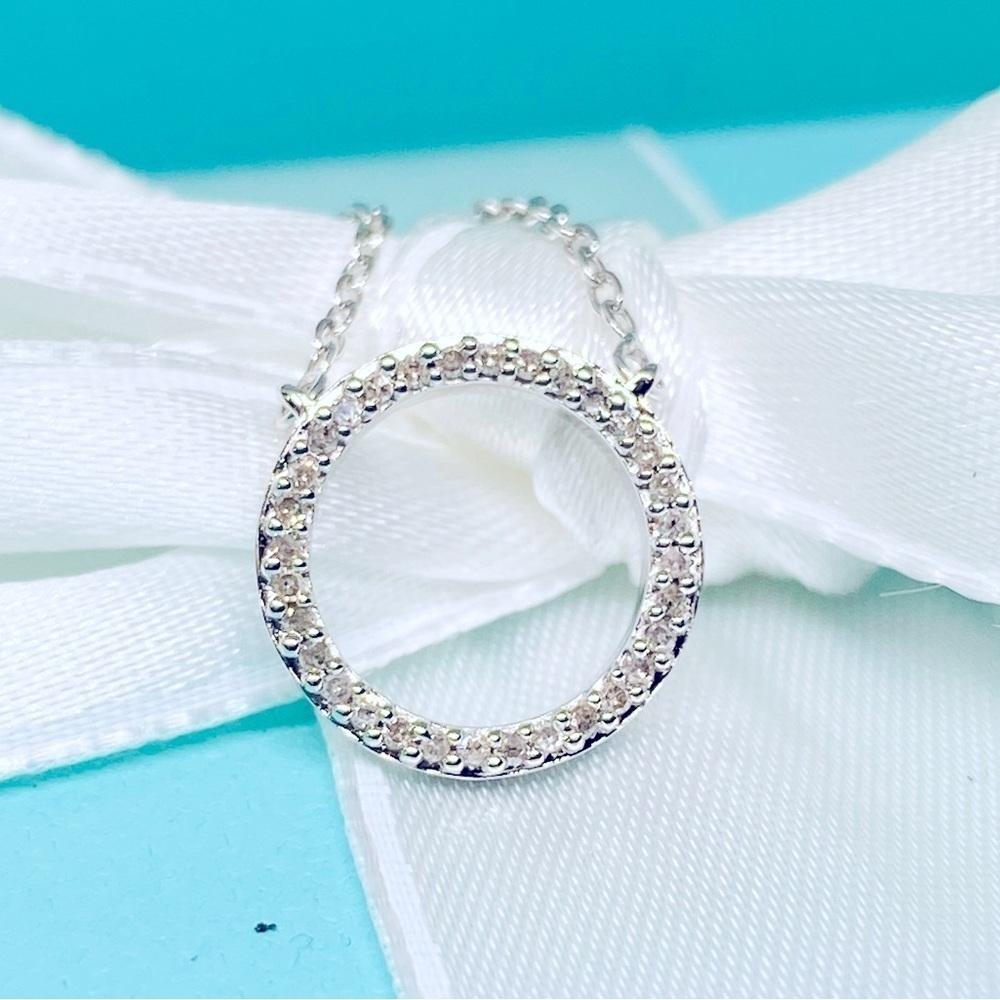 NEW NATURAL DIAMOND STERLING SILVER 1/10 CT CIRCLE NECKLACE 16”-18”